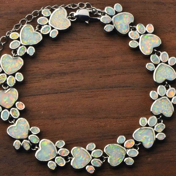 Hawaii White Opal  Sterling Silver Dog Paw Bracelet - Picture 2 of 3
